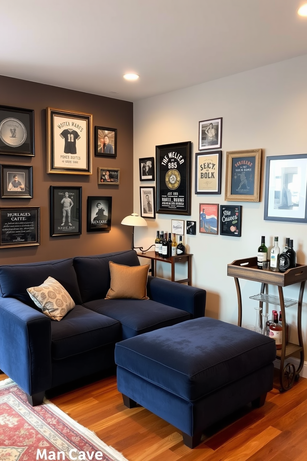 A cozy man cave featuring a plush sectional sofa in deep navy blue. The walls are adorned with personalized wall art that reflects the owner's interests, including framed memorabilia and unique prints. In one corner, a rustic wooden bar cart holds an assortment of beverages and glassware. Soft ambient lighting creates a warm atmosphere, while a vintage rug adds texture to the hardwood floor.