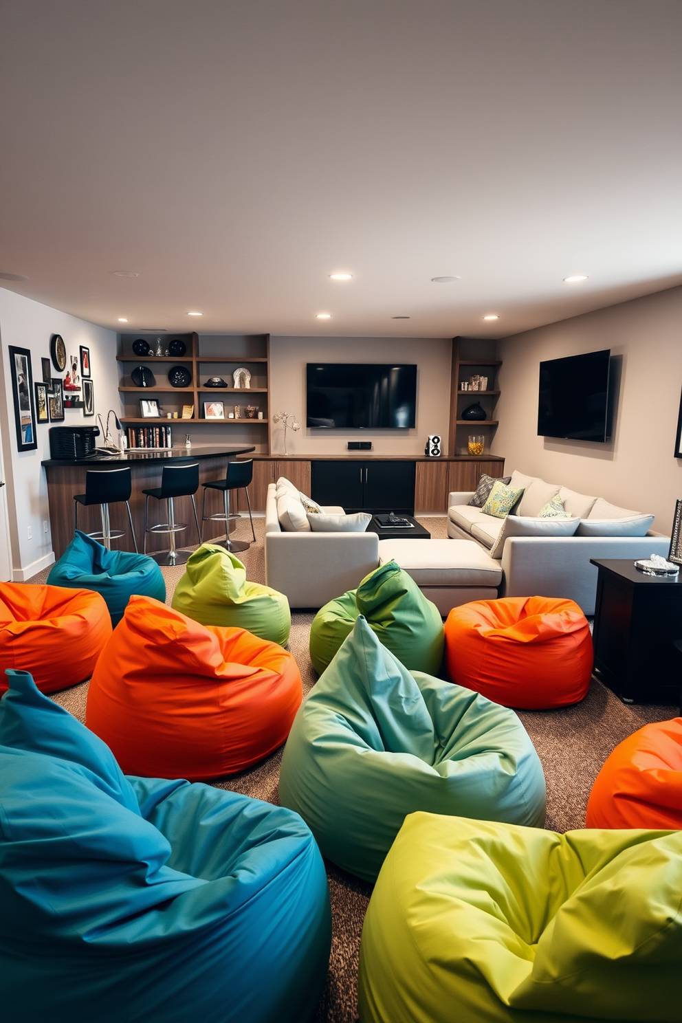 Cozy bean bag chairs are scattered throughout the room, offering a relaxed and inviting atmosphere. The vibrant colors of the bean bags contrast with the neutral walls, creating a playful yet stylish look. The man cave features a sleek bar area with high-top stools and a mini fridge for refreshments. A large sectional sofa faces a wall-mounted flat-screen TV, surrounded by shelves displaying collectibles and memorabilia.