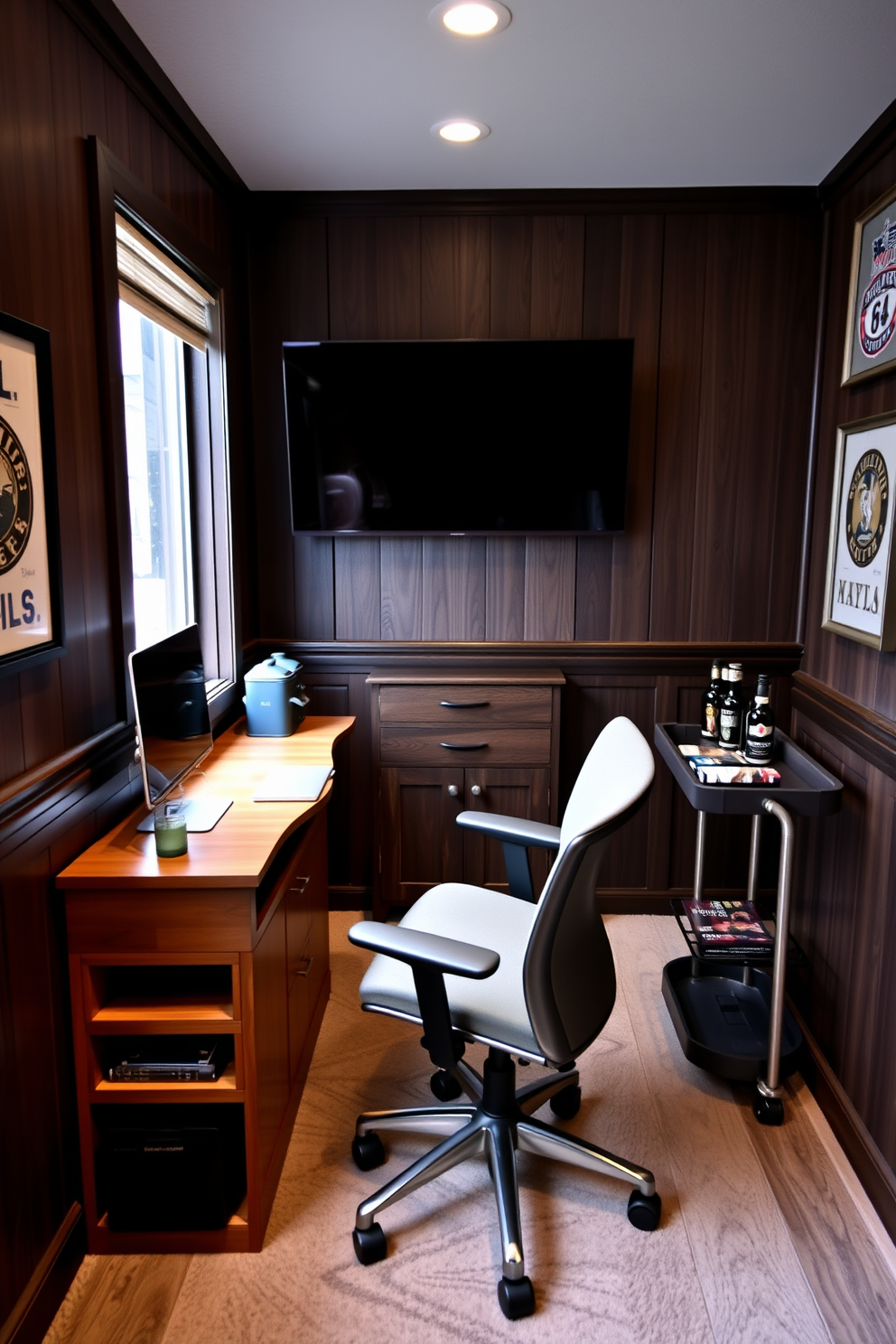 A compact desk designed for work and hobbies features a sleek wooden surface with built-in storage compartments. The desk is positioned near a window, allowing natural light to illuminate the workspace while a comfortable ergonomic chair complements the setup. A small man cave is designed with a cozy atmosphere, incorporating dark wood paneling and plush seating. A stylish bar cart is placed in one corner, accompanied by a mounted flat-screen TV for entertainment and personal touches like framed sports memorabilia on the walls.