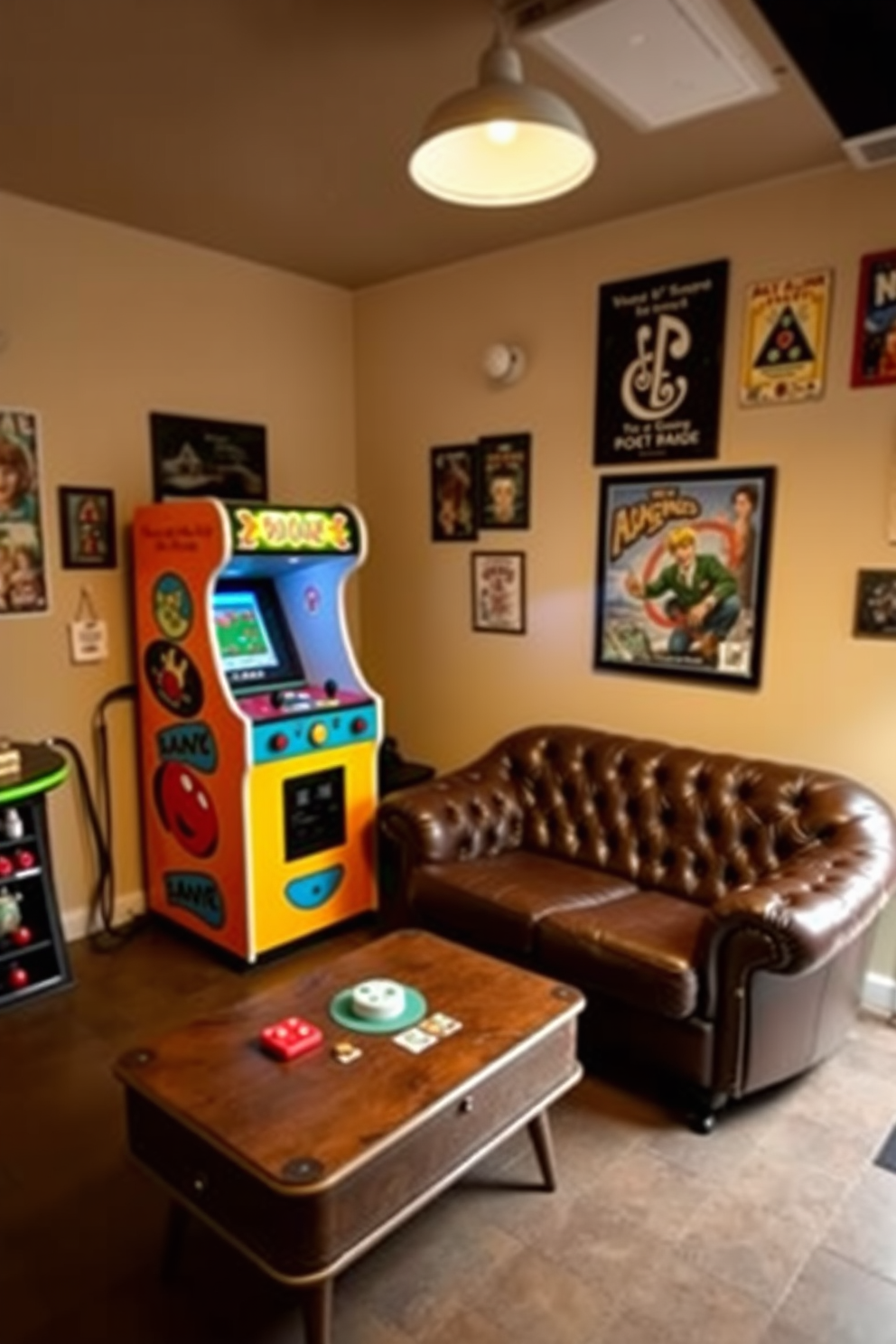 A nostalgic arcade machine stands against the wall, featuring vibrant colors and classic game graphics. Surrounding it, a cozy seating area includes a plush leather sofa and a vintage coffee table, creating an inviting atmosphere. The walls are adorned with retro posters and framed memorabilia, enhancing the playful vibe of the space. Soft lighting fixtures cast a warm glow, making it the perfect spot for relaxation and entertainment.