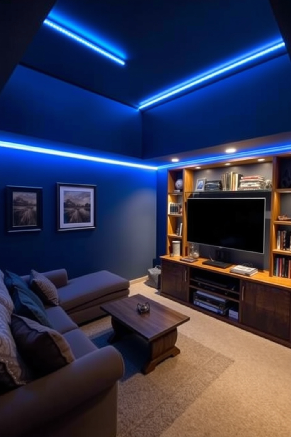 A cozy man cave featuring mood lighting with LED strips that softly illuminate the space. The walls are painted in a deep navy blue, creating a relaxing atmosphere perfect for unwinding. In one corner, a plush sectional sofa is complemented by a rustic wooden coffee table. A large flat-screen TV is mounted on the opposite wall, surrounded by shelves filled with books and memorabilia.