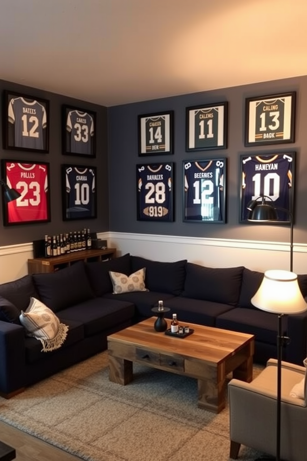 A cozy man cave featuring framed sports jerseys displayed on the walls to showcase team pride. The room includes a comfortable sectional sofa, a coffee table made of reclaimed wood, and a mini bar stocked with beverages for entertaining guests. The color scheme consists of deep navy blue and charcoal gray, creating a relaxed atmosphere. Ambient lighting from stylish floor lamps complements the decor, making it an inviting space for watching games or hanging out with friends.