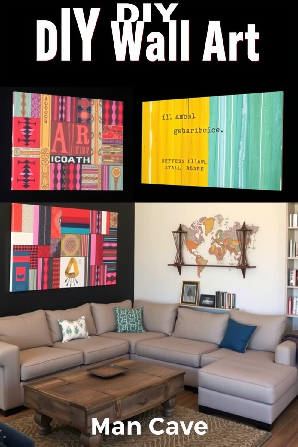 A collection of vibrant DIY wall art pieces that reflect personal style and creativity. The artwork incorporates various materials such as canvas, wood, and fabric, showcasing unique patterns and colors. A cozy man cave designed for relaxation and entertainment. The space features a comfortable sectional sofa, a rustic coffee table, and wall-mounted shelves filled with books and memorabilia.