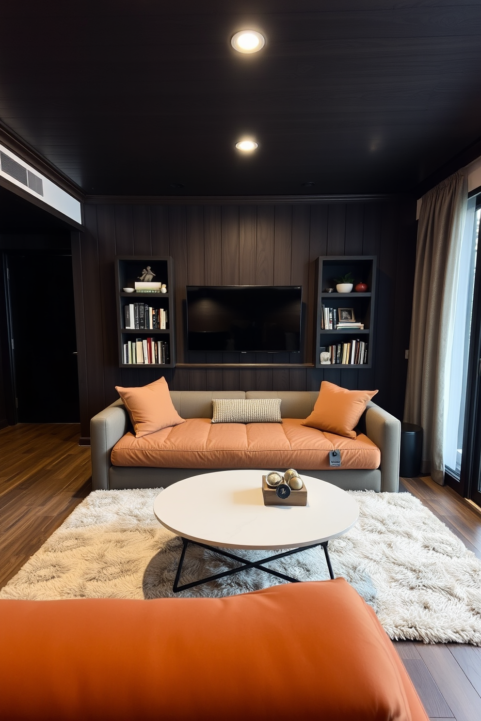 A cozy sofa bed is placed against the wall, adorned with plush cushions in warm tones. A stylish coffee table sits in front, complemented by a soft area rug that adds texture to the space. The man cave features dark wood paneling and ambient lighting, creating an inviting atmosphere. A wall-mounted television is flanked by shelves filled with books and memorabilia, enhancing the personal touch of the room.