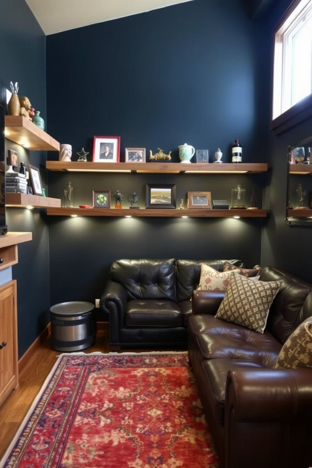 A cozy man cave featuring wall-mounted shelves that elegantly display a curated collection of collectibles. The shelves are made of reclaimed wood, adding warmth and character to the space, complemented by soft ambient lighting that highlights the items. The seating area includes a comfortable leather sofa and a rustic coffee table, creating an inviting atmosphere for relaxation. Dark paint on the walls enhances the intimate feel, while a vintage rug adds texture and ties the room together.