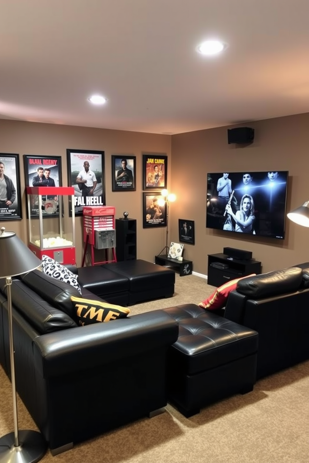 A cozy man cave inspired by classic action movies. The space features a dark leather sectional sofa positioned in front of a large flat-screen TV, with movie posters framed on the walls. A vintage popcorn machine sits in one corner, adding a nostalgic touch. The lighting is dimmed with adjustable floor lamps, creating an inviting atmosphere for movie nights.