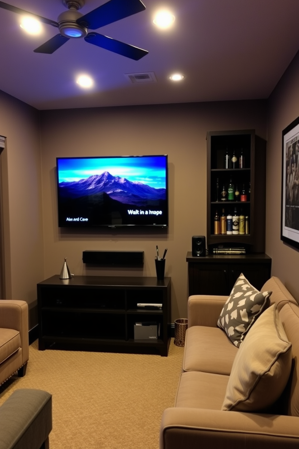 A cozy man cave featuring a wall-mounted TV that enhances the space-saving design. The room is decorated with comfortable seating, a small bar area, and ambient lighting to create a relaxed atmosphere.