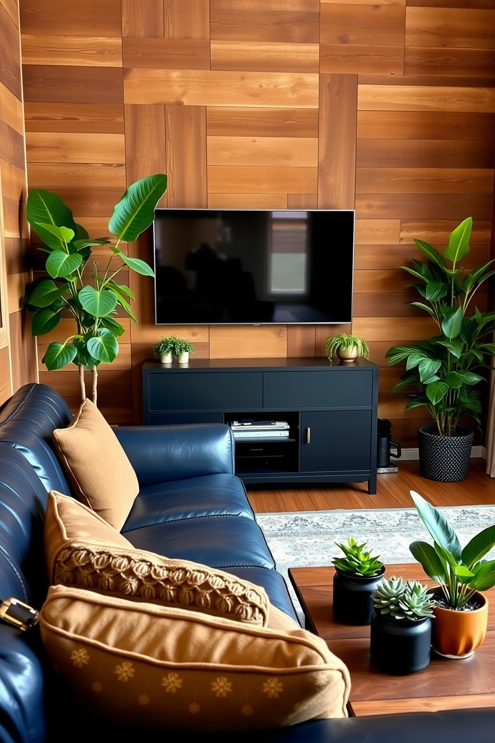 A cozy man cave featuring a plush leather sofa in a deep navy blue. The walls are adorned with rustic wooden panels, and a large flat-screen TV is mounted above a sleek black media console. Indoor plants are strategically placed throughout the space to create a fresh atmosphere. A tall fiddle leaf fig stands in one corner, while smaller potted succulents adorn the coffee table.