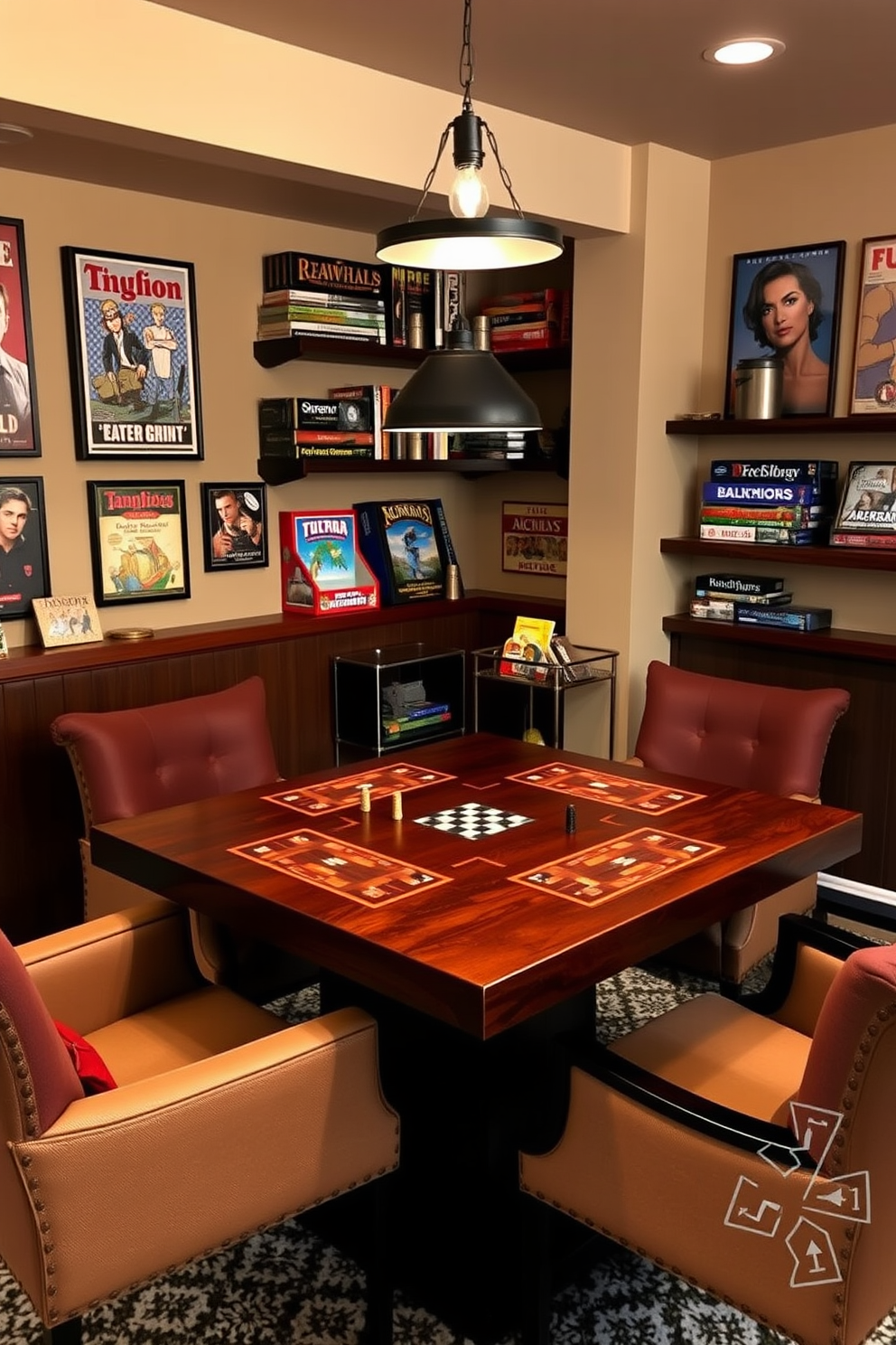 A cozy game table setting designed for board games and cards. The table is made of dark wood with a smooth finish, surrounded by comfortable upholstered chairs in rich colors. The walls are adorned with vintage game posters and shelves filled with board games. Soft lighting from a stylish pendant lamp creates an inviting atmosphere for friendly gatherings. A small bar cart in the corner holds snacks and drinks, while a plush rug adds warmth to the space. The overall design combines functionality with a relaxed vibe, perfect for a man cave retreat.