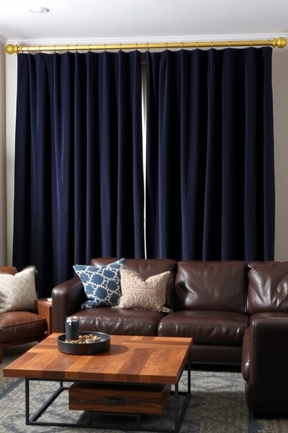 Stylish curtains for privacy and style. The curtains are made of a rich velvet fabric in a deep navy blue, cascading elegantly to the floor and complemented by a sleek gold curtain rod. Small Man Cave Design Ideas. The space features a cozy leather sectional in dark brown, paired with an industrial-style coffee table made of reclaimed wood and metal accents.