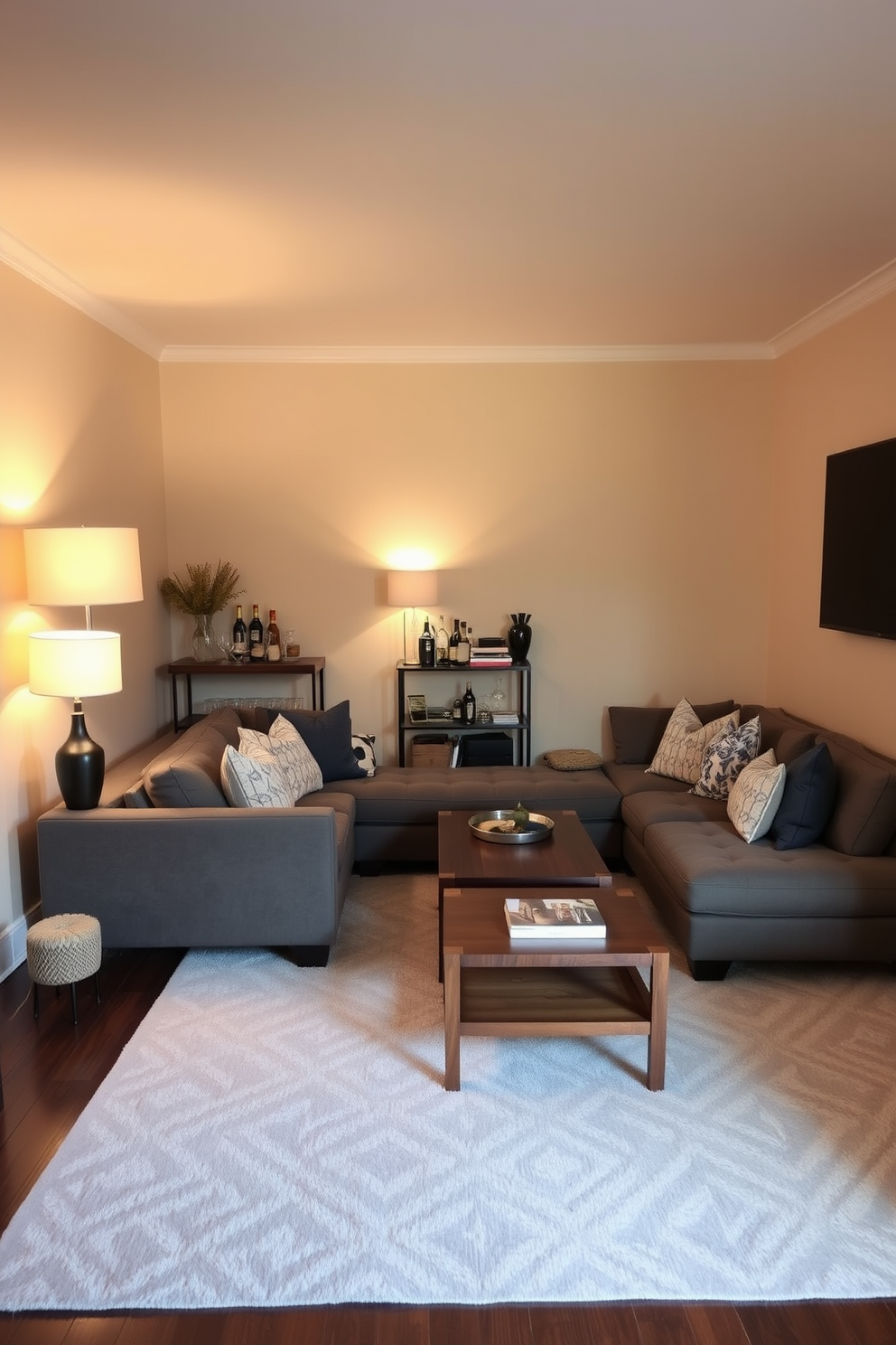 A cozy man cave featuring a neutral color palette to create a calming atmosphere. The walls are painted in soft beige, and the furniture includes a plush gray sectional sofa paired with a wooden coffee table. In one corner, a sleek bar cart showcases a selection of spirits and glassware. Ambient lighting from stylish floor lamps enhances the relaxed vibe, while a large area rug adds warmth to the space.