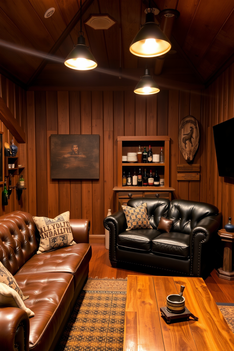 A cozy man cave featuring rustic wood paneling that creates a warm and inviting atmosphere. The space includes a comfortable leather sofa, a reclaimed wood coffee table, and vintage decor elements that enhance the cabin feel. In one corner, a small bar area showcases wooden shelves stocked with various spirits and glassware. Ambient lighting from stylish fixtures casts a soft glow, making the area perfect for relaxation and entertainment.