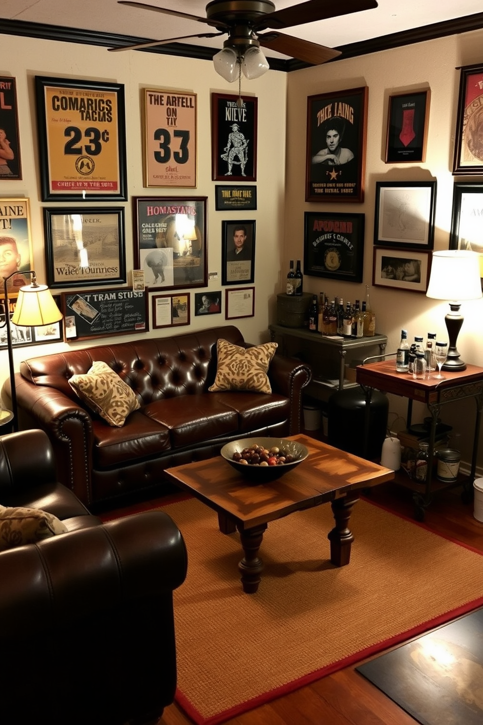 A cozy man cave with vintage furniture that exudes charm. The room features a plush leather sofa, a reclaimed wood coffee table, and an antique bar cart stocked with drinks. The walls are adorned with vintage posters and framed memorabilia, creating a nostalgic atmosphere. A warm area rug anchors the seating area, while soft lighting from a stylish floor lamp adds to the inviting ambiance.