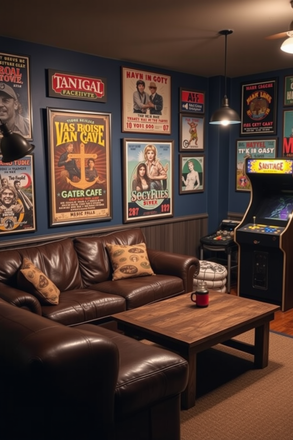 A cozy man cave featuring vintage posters on the walls that evoke a retro vibe. The space includes a comfortable leather sofa, a rustic wooden coffee table, and a vintage arcade game in the corner. The color palette consists of deep blues and warm browns, creating an inviting atmosphere. Soft lighting from industrial-style lamps enhances the nostalgic feel of the room.