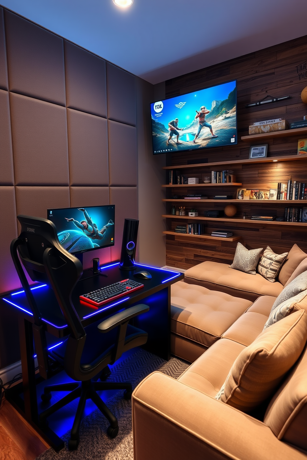 A compact gaming station featuring a sleek black desk with built-in LED lighting. The setup includes a high-end gaming monitor, a mechanical keyboard, and a comfortable gaming chair, all positioned against a backdrop of soundproof wall panels. A cozy man cave designed for relaxation and entertainment. It showcases a plush sectional sofa, a large flat-screen TV mounted on a rustic wooden wall, and shelves filled with gaming memorabilia and books.