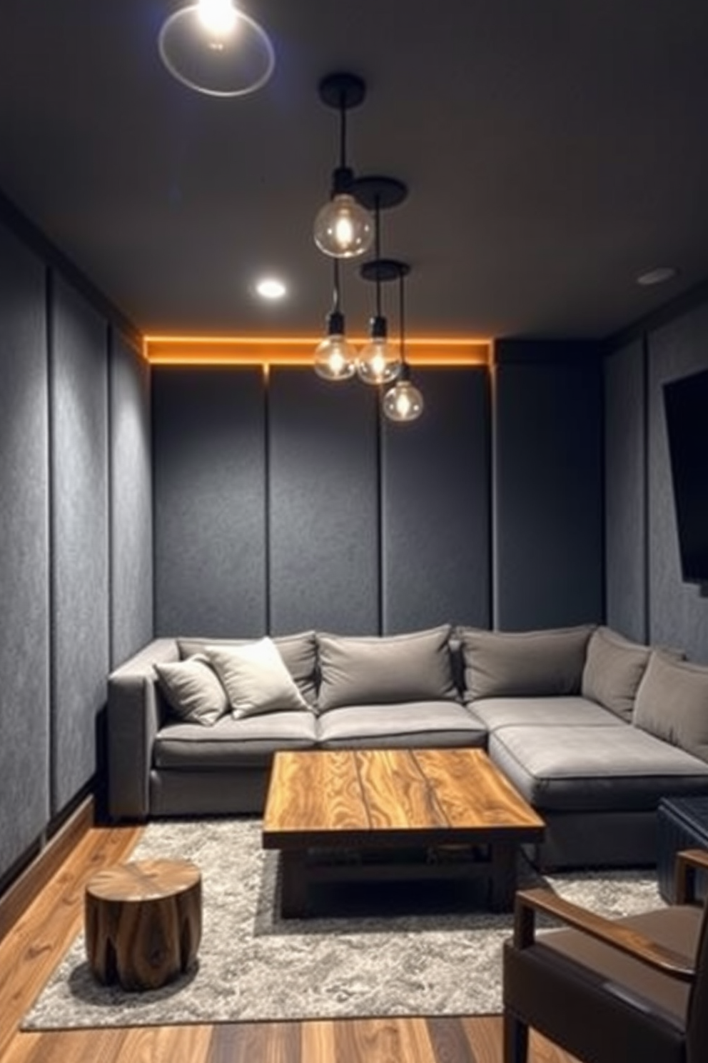 A cozy man cave designed for relaxation and entertainment. The space features soundproofing panels on the walls to minimize noise and create a tranquil atmosphere. In one corner, a plush sectional sofa invites comfort, complemented by a rustic coffee table made of reclaimed wood. Ambient lighting fixtures hang from the ceiling, casting a warm glow over the room.