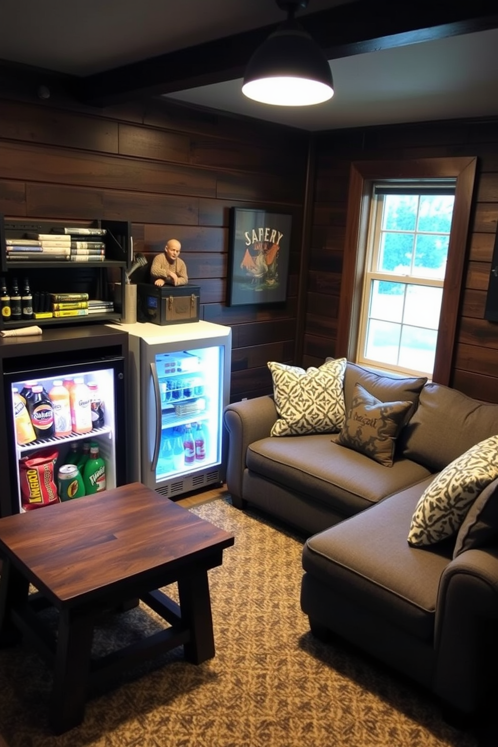 A cozy small man cave featuring a compact fridge designed for snacks and drinks. The space is adorned with dark wood paneling, a plush sectional sofa, and a rustic coffee table, creating an inviting atmosphere for relaxation and entertainment.