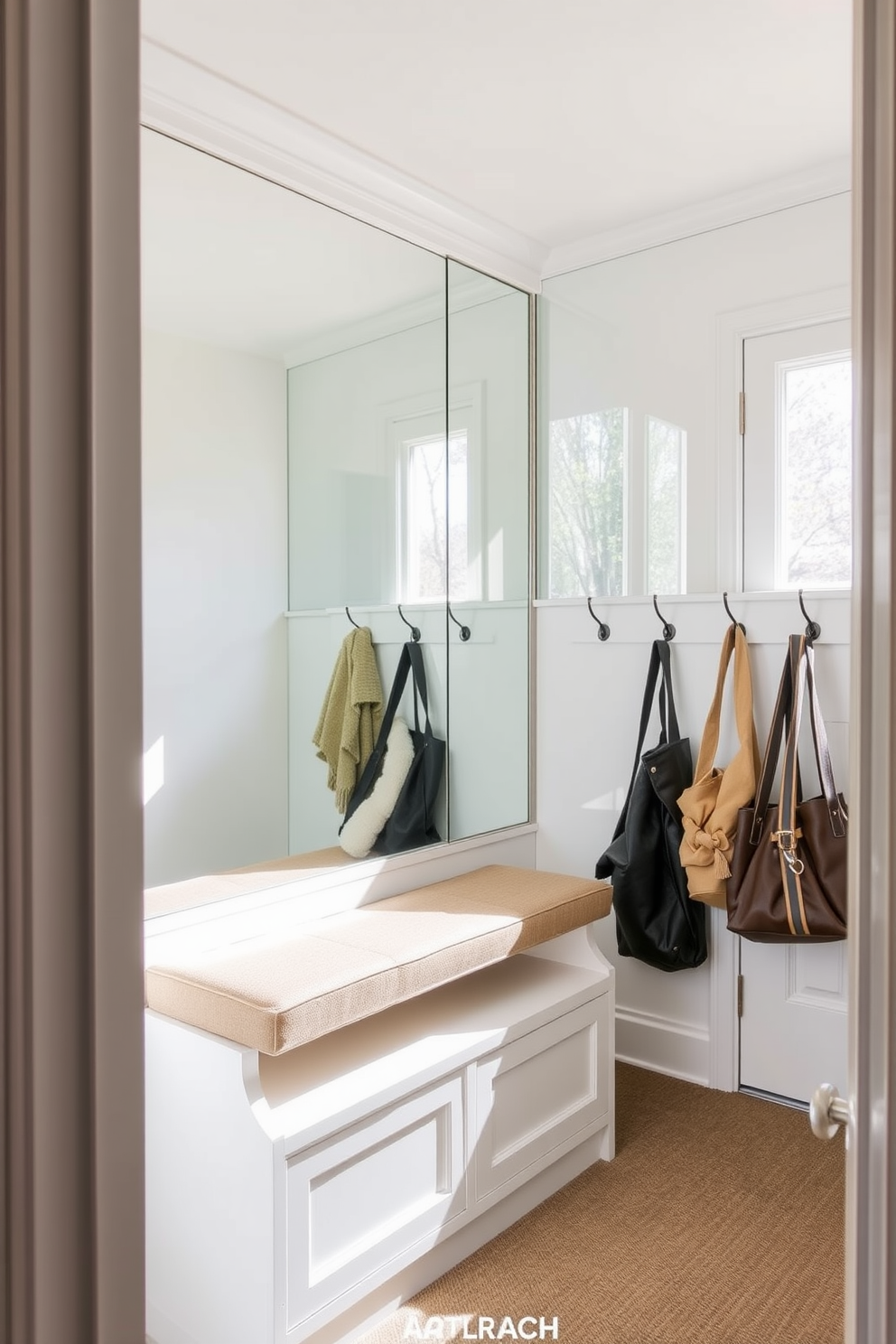 A small mudroom featuring a mirrored wall that reflects natural light, creating an airy and spacious feel. The space includes a built-in bench with storage underneath, paired with hooks for coats and bags, all in a soft, neutral color palette.