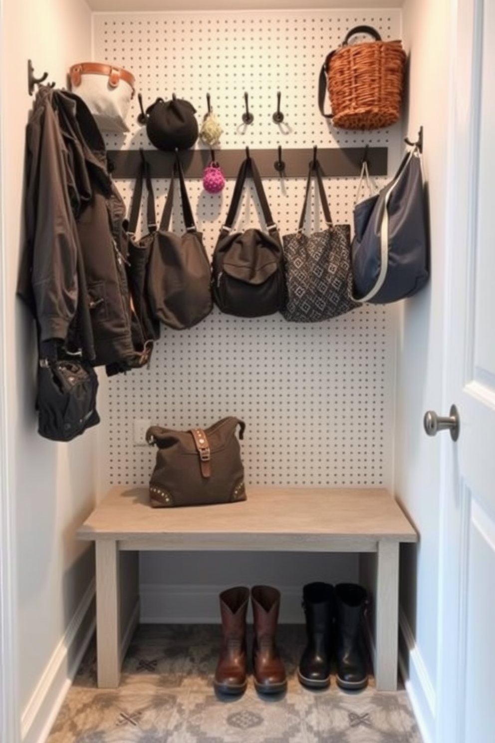 A small mudroom features a pegboard wall for customizable organization. Hooks of various sizes are arranged to hold coats, bags, and accessories, creating an efficient and stylish space. The floor is covered with durable tile that can withstand mud and moisture. A built-in bench with storage underneath provides a convenient spot for putting on shoes and storing outdoor gear.