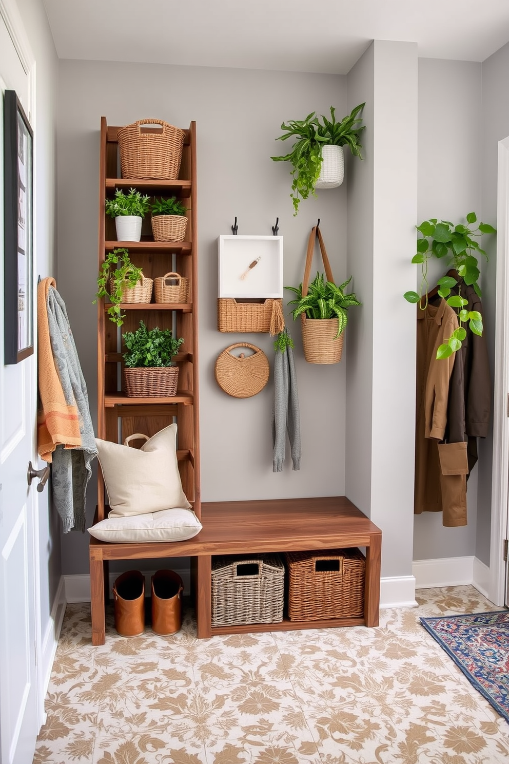 A stylish mudroom featuring a ladder shelf for vertical storage is designed with functionality and aesthetics in mind. The ladder shelf is made of reclaimed wood and holds an array of baskets and plants, adding a touch of warmth and greenery to the space. The mudroom includes a built-in bench with cushioned seating and hooks above for coats and bags. The walls are painted a soft gray, while the floor is covered with durable, patterned tiles that can withstand heavy foot traffic.