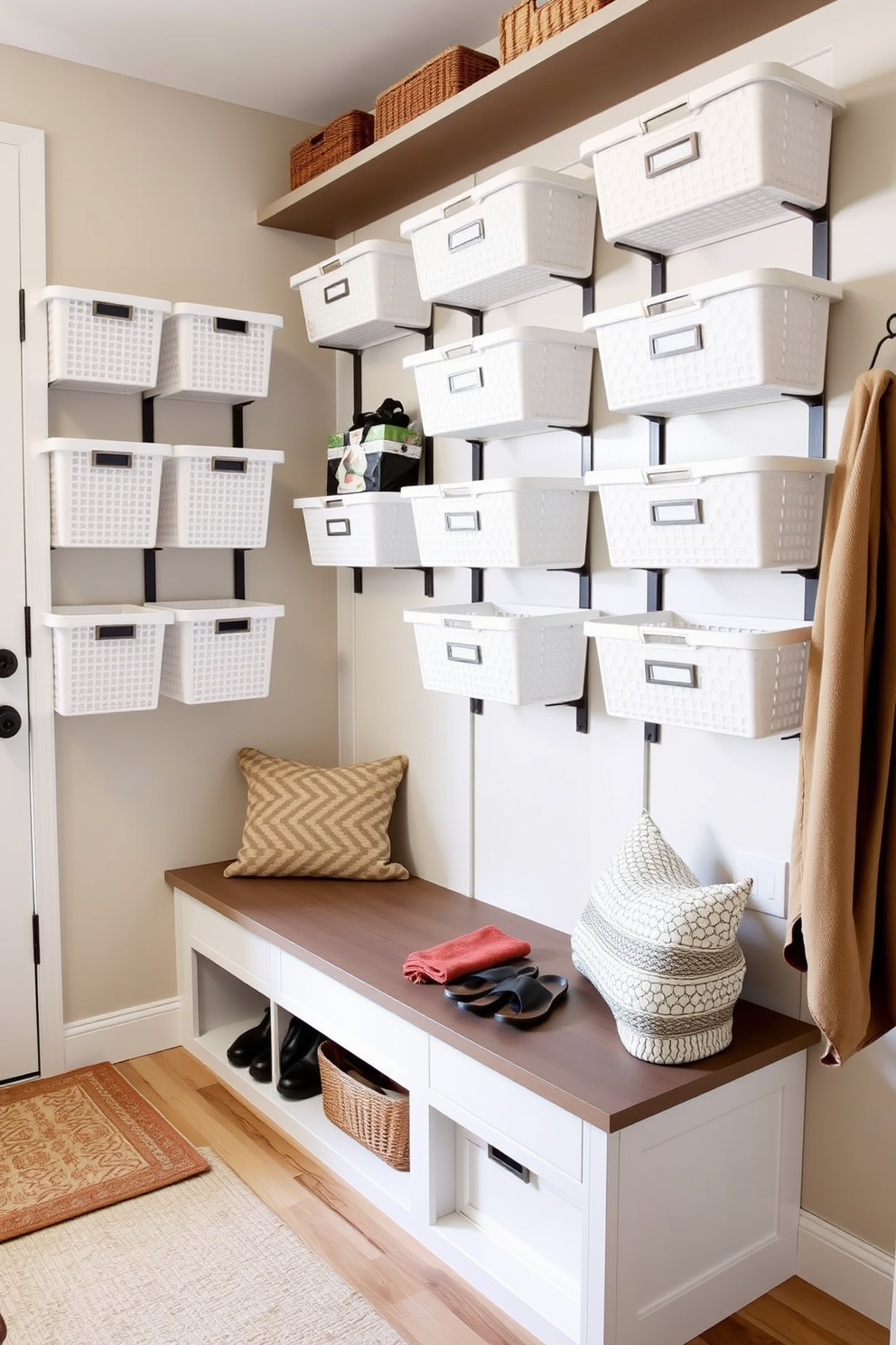 A small mudroom features wall-mounted storage bins neatly arranged for easy access to essentials. The design incorporates a bench with shoe storage underneath, and a light, airy color palette enhances the welcoming atmosphere.