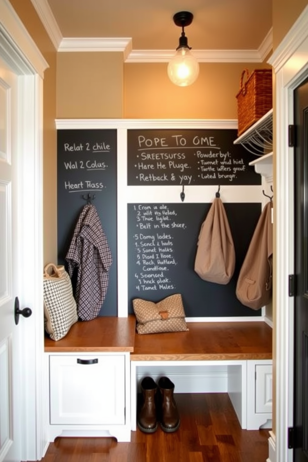 A cozy mudroom features a chalkboard wall for messages and lists, providing a functional yet stylish touch. The space includes built-in benches with storage underneath and hooks for hanging coats and bags, all designed in a warm color palette.