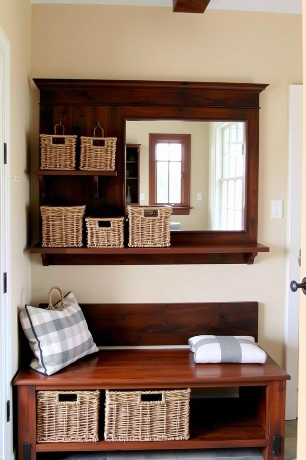 A cozy mudroom features a combination of natural wood and stone elements. Wicker baskets are neatly arranged on a wooden shelf, adding a rustic charm while providing functional storage. The walls are painted in a soft beige, complementing the rich tones of the wooden bench. A large, framed mirror hangs above the bench, enhancing the space and reflecting the warm light from a nearby window.