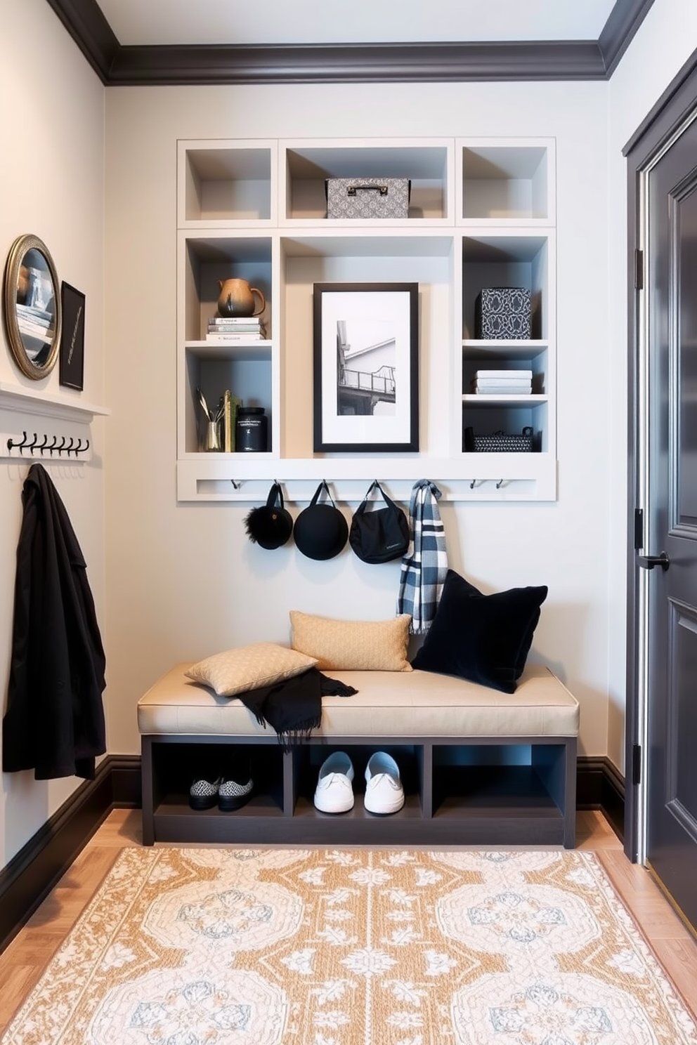 Niche shelving for small items. The shelves are built into the wall, featuring a sleek design with a mix of open and closed compartments. Small mudroom design ideas. The space includes a compact bench with storage underneath, surrounded by hooks for coats and a stylish area rug to welcome guests.