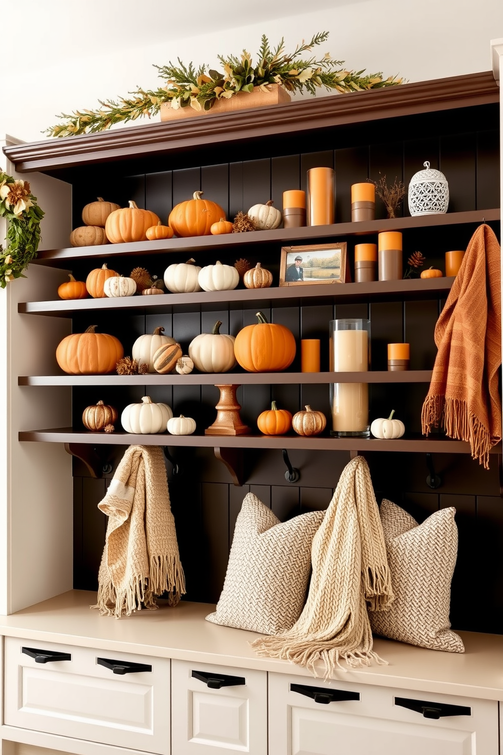 A seasonal decor display on shelves featuring an assortment of autumn-themed decorations. The shelves are filled with pumpkins, gourds, and warm-colored candles, complemented by cozy knit throws draped over the side. Small mudroom design ideas that maximize space and functionality. The design includes built-in cubbies for shoes, hooks for coats, and a bench for seating, all in a light, airy color palette to create an inviting atmosphere.