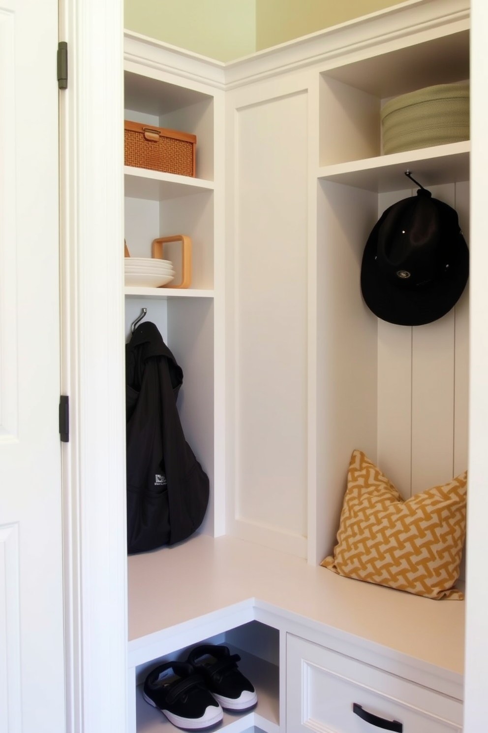 A small mudroom features hooks inside cabinet doors for efficient storage and organization. The space includes a bench with built-in shoe storage, and the walls are painted in a light, airy color to enhance the feeling of openness.