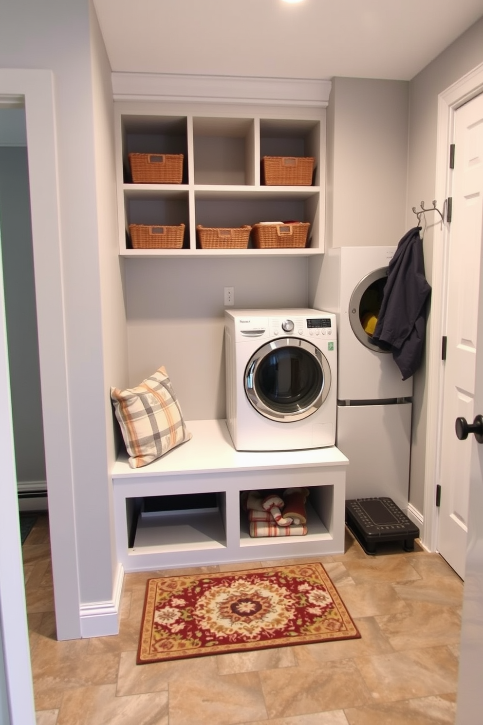 A compact laundry area with a mudroom features a built-in bench with storage cubbies above and below. The walls are painted in a soft gray, and the floor is tiled with a durable, water-resistant material. To the right of the laundry appliances, there is a small coat rack for hanging jackets and bags. A decorative mat lies in front of the bench, adding a touch of warmth to the space.