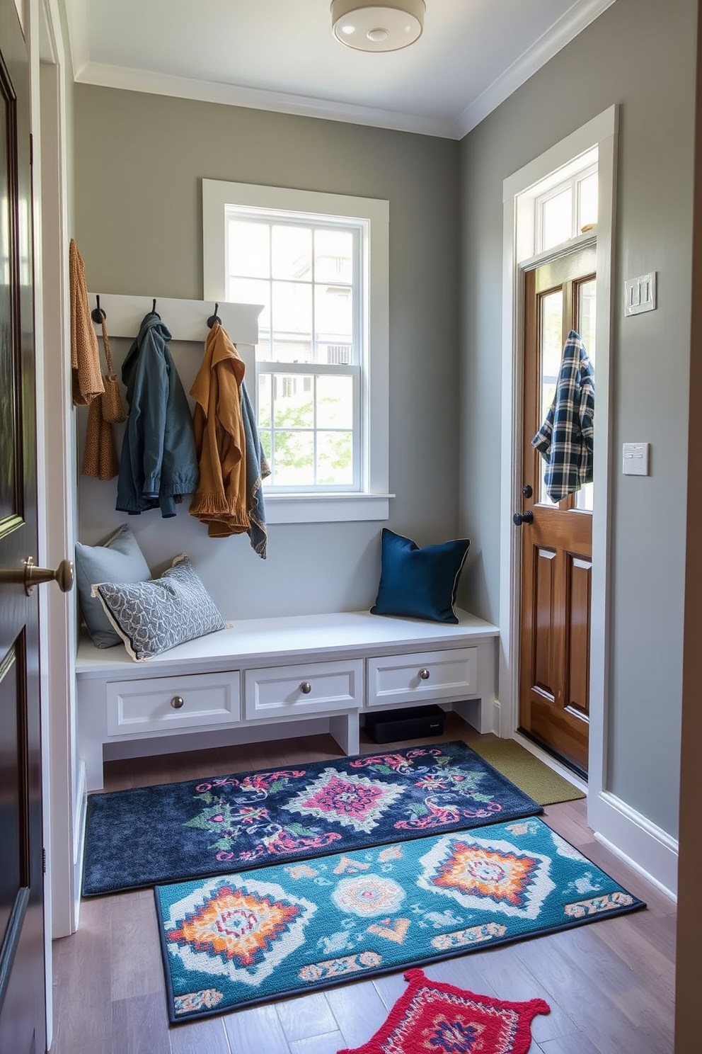 A stylish mudroom design featuring weather-resistant mats for outdoor use. The space includes a built-in bench with storage underneath and hooks for coats, accented by a vibrant area rug that adds color and texture. The walls are painted in a soft gray, creating a welcoming atmosphere. Natural light floods the room through a nearby window, illuminating the functional yet aesthetic elements of the design.