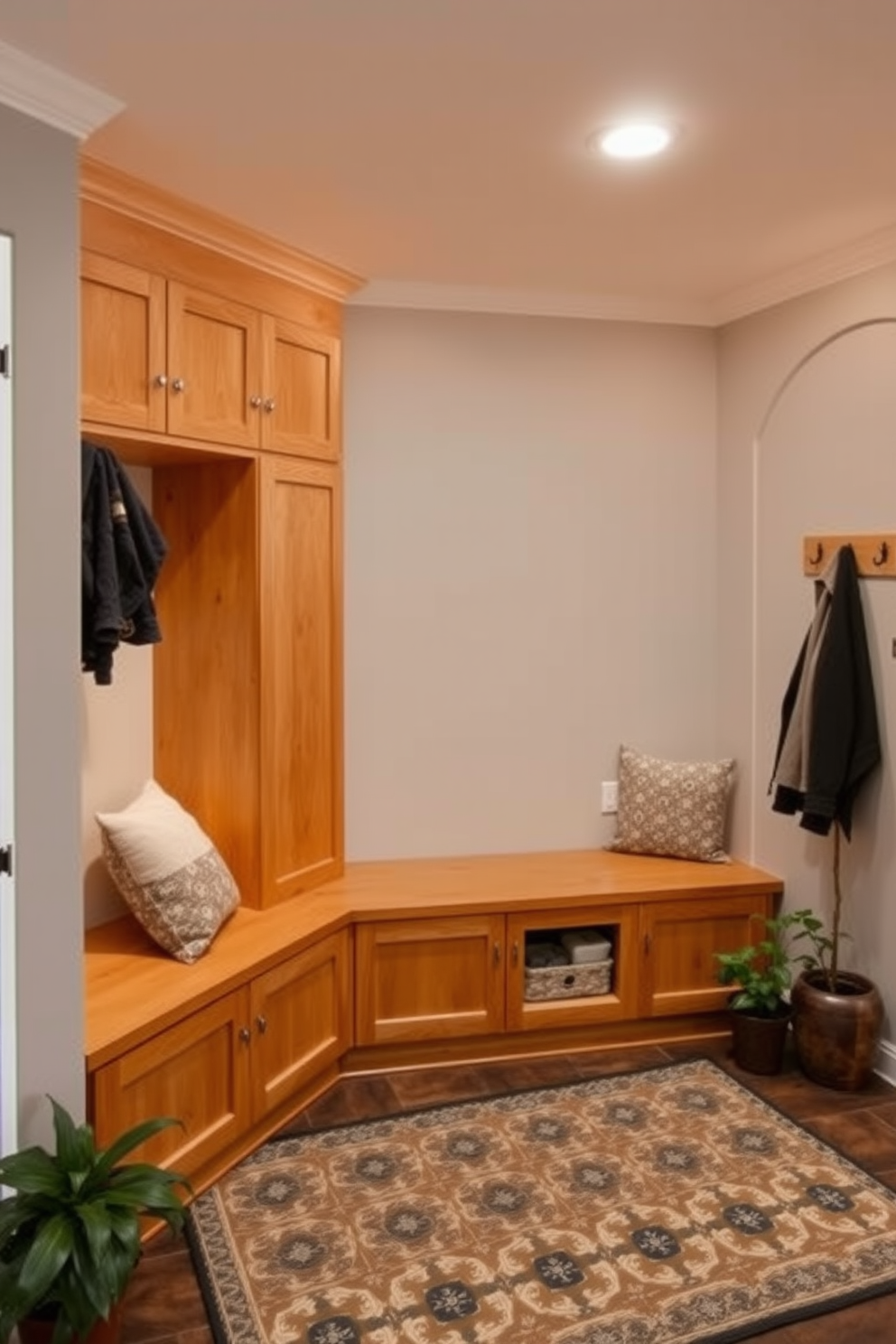 A cozy mudroom featuring built-in storage benches with soft cushions and hooks for coats. Accent lighting is installed above the benches to highlight the space and create a warm ambiance. The walls are painted in a soft gray, complementing the natural wood of the storage units. A patterned area rug adds a touch of color and comfort underfoot, while potted plants bring a hint of nature indoors.