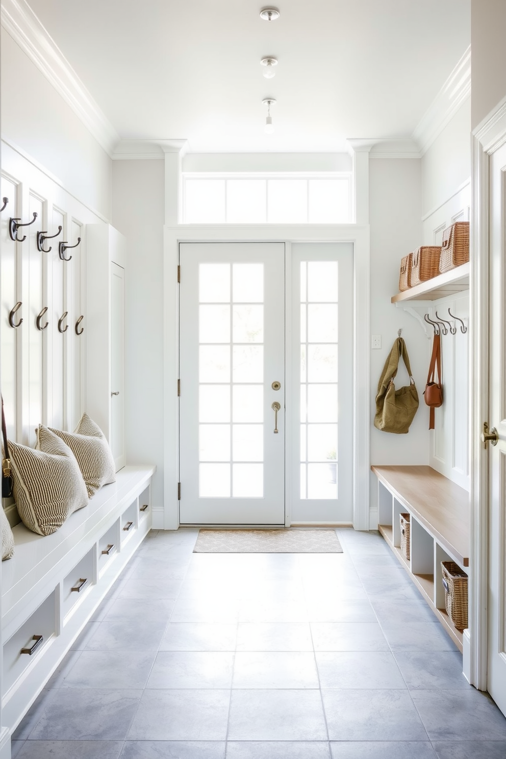 A bright and airy mudroom features a large glass door that allows natural light to flood the space. The walls are painted in a soft white, and the floor is adorned with a durable gray tile that complements the overall design. On one side, there are built-in benches with plush cushions and hooks above for coats and bags. A small shelf above the bench holds decorative baskets for storage, keeping the area organized and inviting.