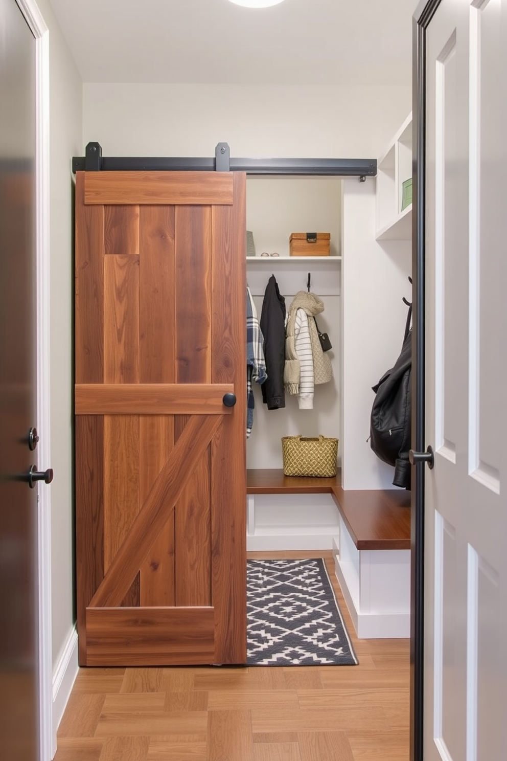 A compact entryway features a sliding barn door made of reclaimed wood, adding rustic charm while saving space. Inside, the small mudroom is designed with built-in benches and hooks for coats, complemented by a stylish patterned rug.