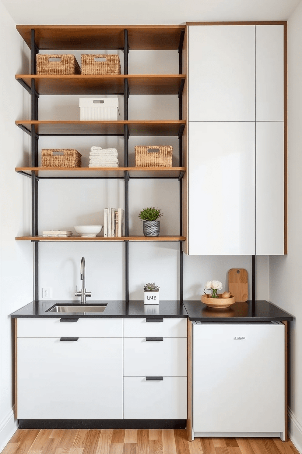 Vertical storage solutions to save space. The design features tall shelves that reach the ceiling, maximizing storage while maintaining an open feel. Small office kitchen design ideas. The layout includes a compact kitchenette with sleek cabinetry and a small dining nook, creating a functional and inviting workspace.