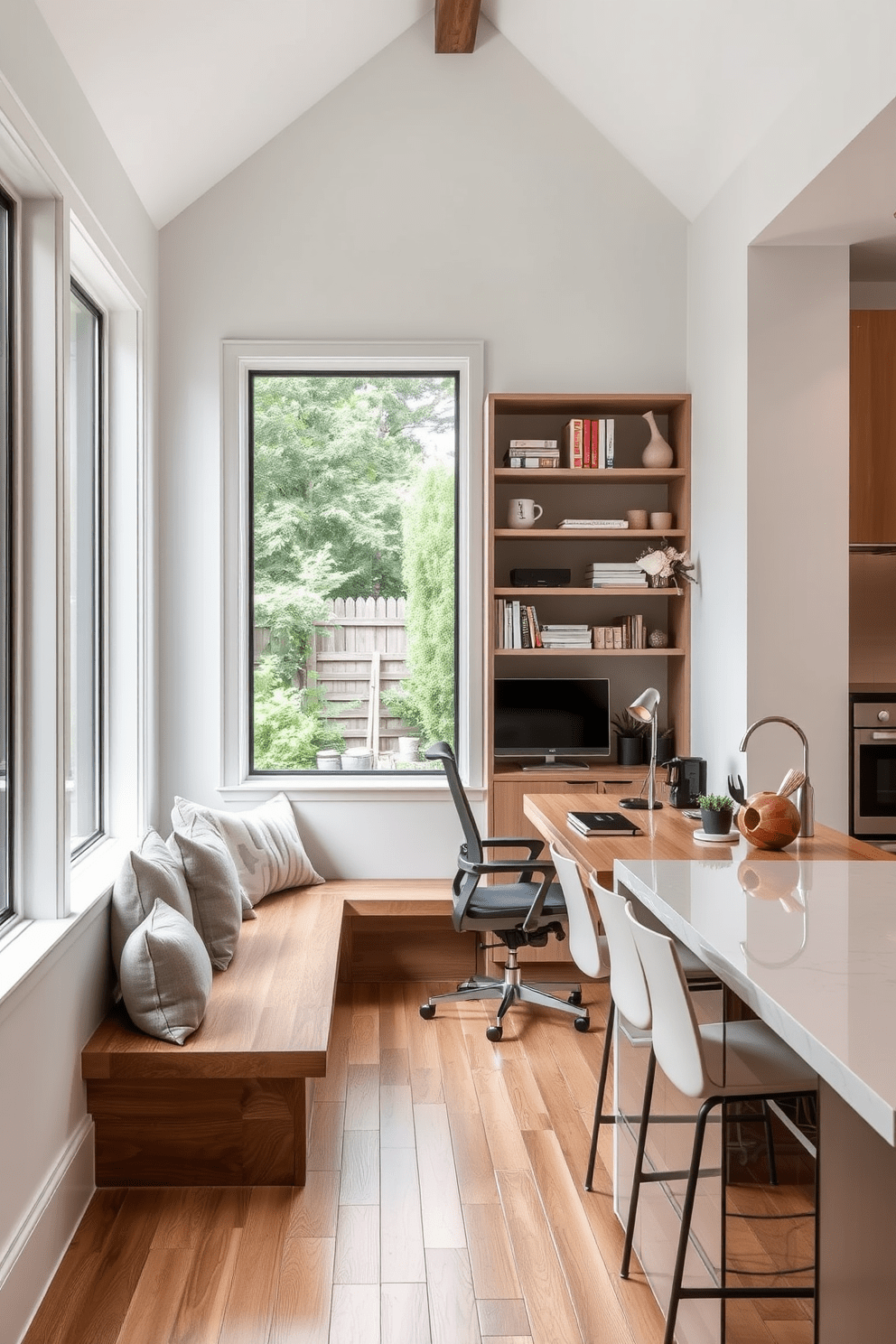 Cozy nook with bench seating. The nook features a built-in wooden bench with plush cushions, surrounded by large windows that let in natural light and offer a view of the garden. Small office designed for productivity. The space includes a sleek desk with a comfortable ergonomic chair, complemented by shelves filled with books and decorative items for inspiration. Kitchen design ideas that blend functionality and style. The kitchen showcases an island with bar stools, modern appliances, and a combination of open shelving and cabinetry for a clean, organized look.