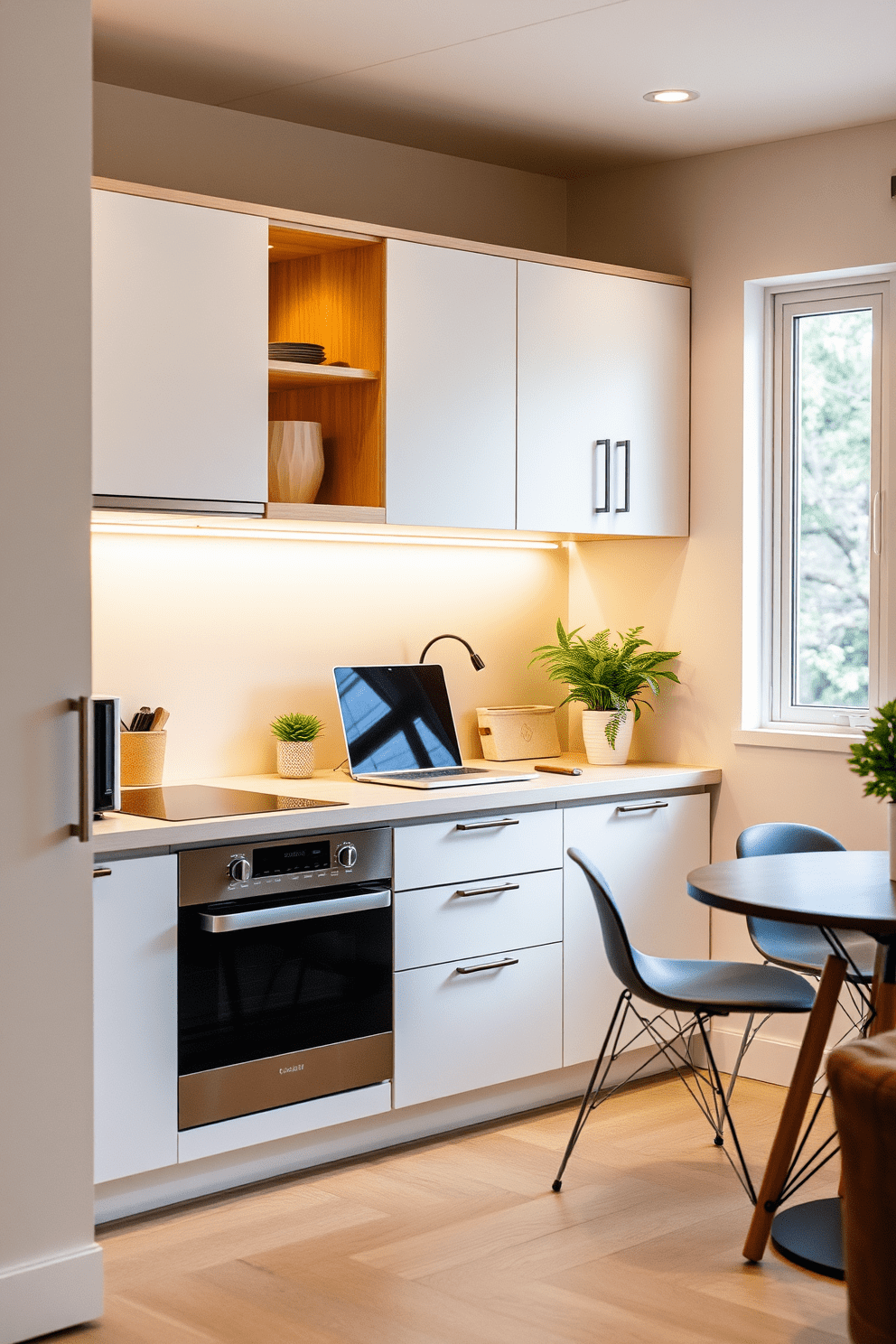 A small office kitchen design featuring smart lighting that enhances the warm ambiance. The space includes sleek cabinetry in a soft white finish, complemented by a subtle wood accent on the open shelves. Under-cabinet lighting illuminates the countertop, creating a cozy atmosphere for work and relaxation. A small dining table with modern chairs is positioned near a window, allowing natural light to flow in during the day.