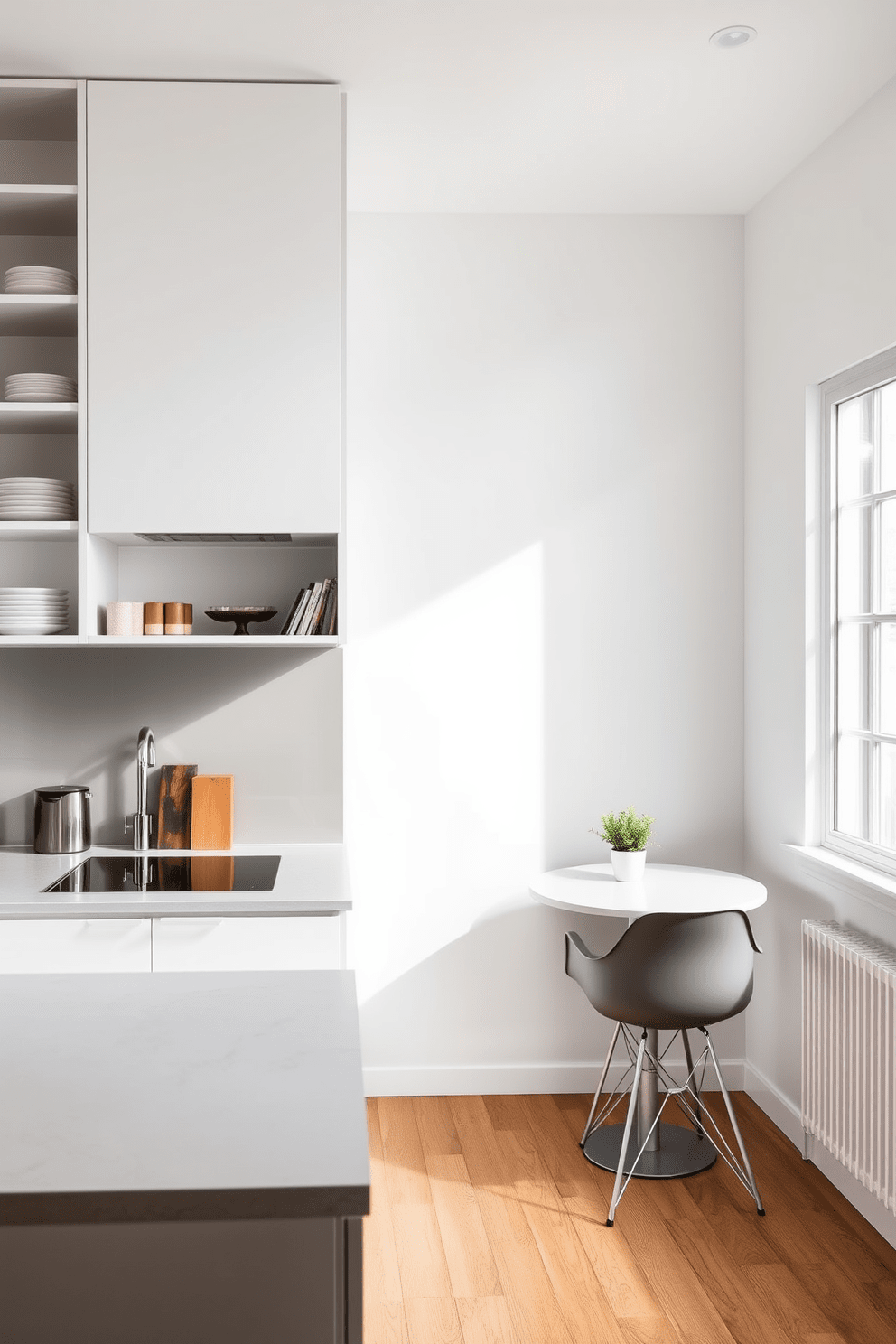 A minimalist small office kitchen features sleek cabinetry in a soft white finish, maximizing space with open shelving for easy access to essentials. The countertop is a smooth quartz surface, complemented by a simple backsplash in a muted gray tone, creating a clean and uncluttered aesthetic. Natural light floods the space through a large window, highlighting the minimalist design elements. A small dining table with modern chairs provides a functional yet stylish area for quick meals or coffee breaks.