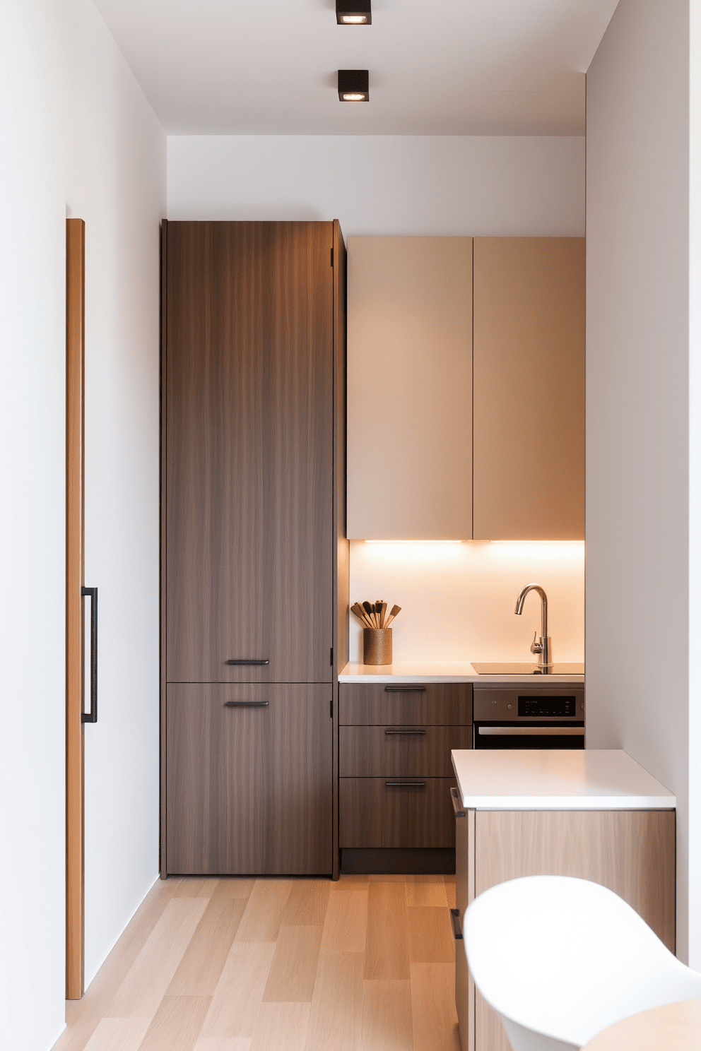 A small office kitchen featuring sliding doors to maximize floor space. The kitchen includes sleek cabinetry with a minimalist design and a compact island for additional prep space.