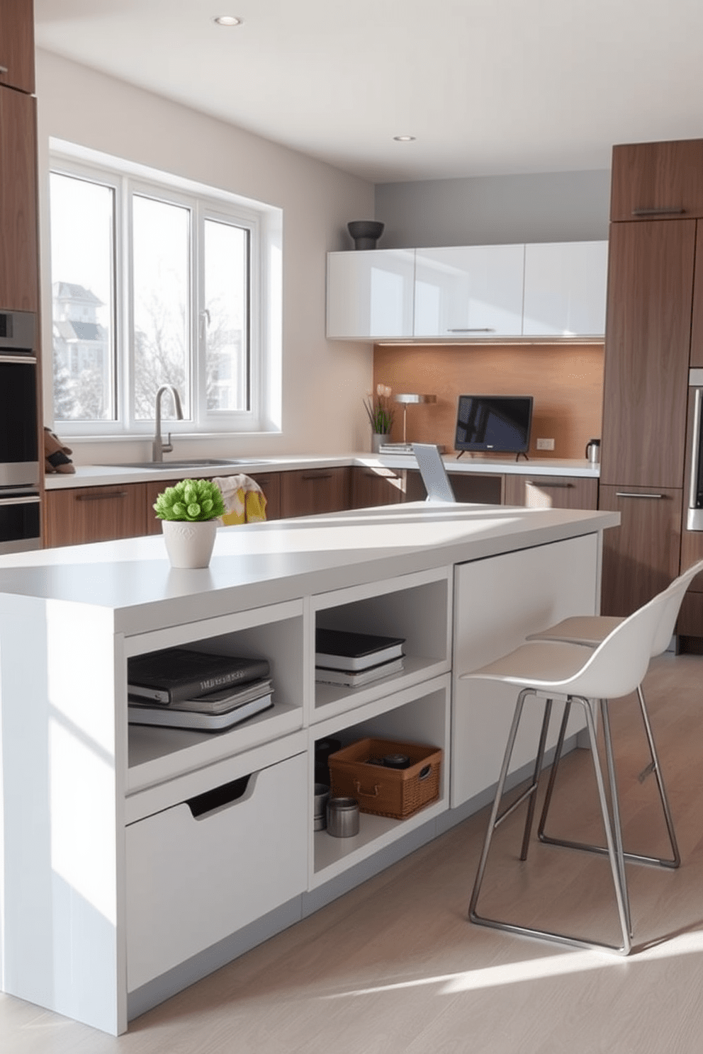 A modern kitchen island with hidden storage compartments seamlessly integrated into the design. The island features a sleek countertop with a minimalist aesthetic, complemented by bar stools that enhance the space's functionality. A cozy small office area within the kitchen, designed with a compact desk and ergonomic chair. Natural light floods the space through a nearby window, creating an inviting atmosphere for productivity.