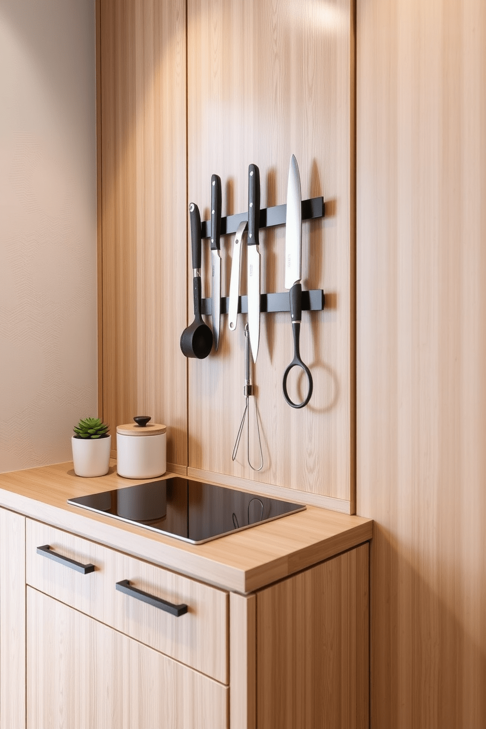 A modern small office kitchen design featuring a magnetic knife strip mounted on the wall for easy access to utensils. The space includes sleek cabinetry in a light wood finish, with a compact countertop that maximizes functionality and style.