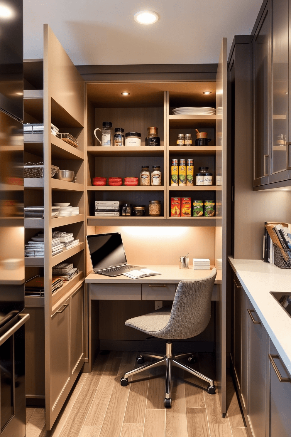 A pull-out pantry featuring multiple shelves for efficient organization. The design includes sleek cabinetry with a modern finish and easy access to all stored items. Incorporate a small office area within the kitchen that maximizes space. The workspace includes a compact desk with stylish storage solutions and a comfortable chair, blending seamlessly with the kitchen decor.