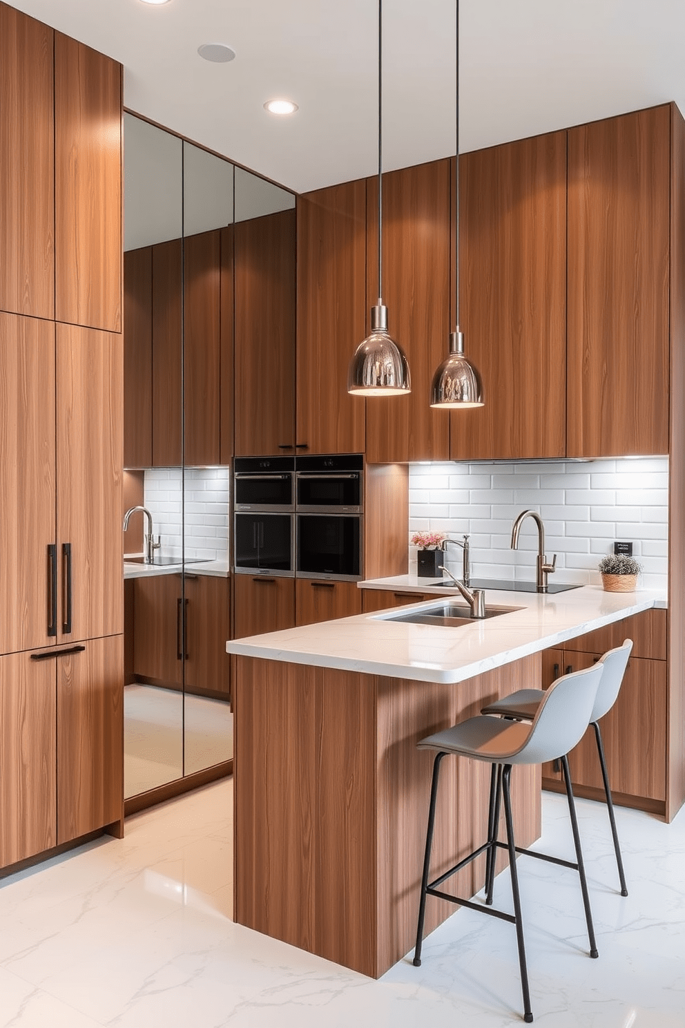 A small office kitchen design featuring sleek cabinetry in a warm wood finish. The space includes a compact island with bar stools, and large mirrors on the walls to enhance the sense of depth and openness. The countertops are a light-colored quartz with subtle veining, complemented by stylish pendant lights hanging above. The backsplash is a glossy subway tile that reflects light, making the kitchen feel bright and inviting.