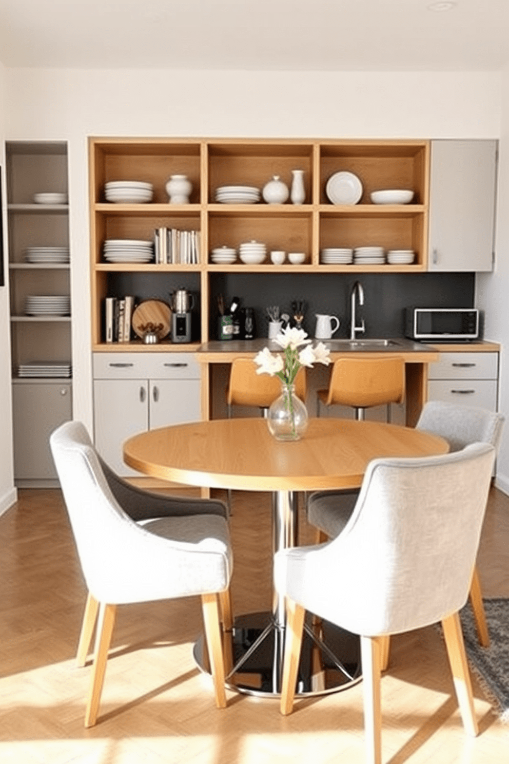 A compact dining table for small spaces. The table is round with a light wood finish and surrounded by four upholstered chairs in a soft gray fabric. Small office kitchen design ideas. The kitchen features open shelving with neatly arranged dishware and a small island with bar stools for casual dining.