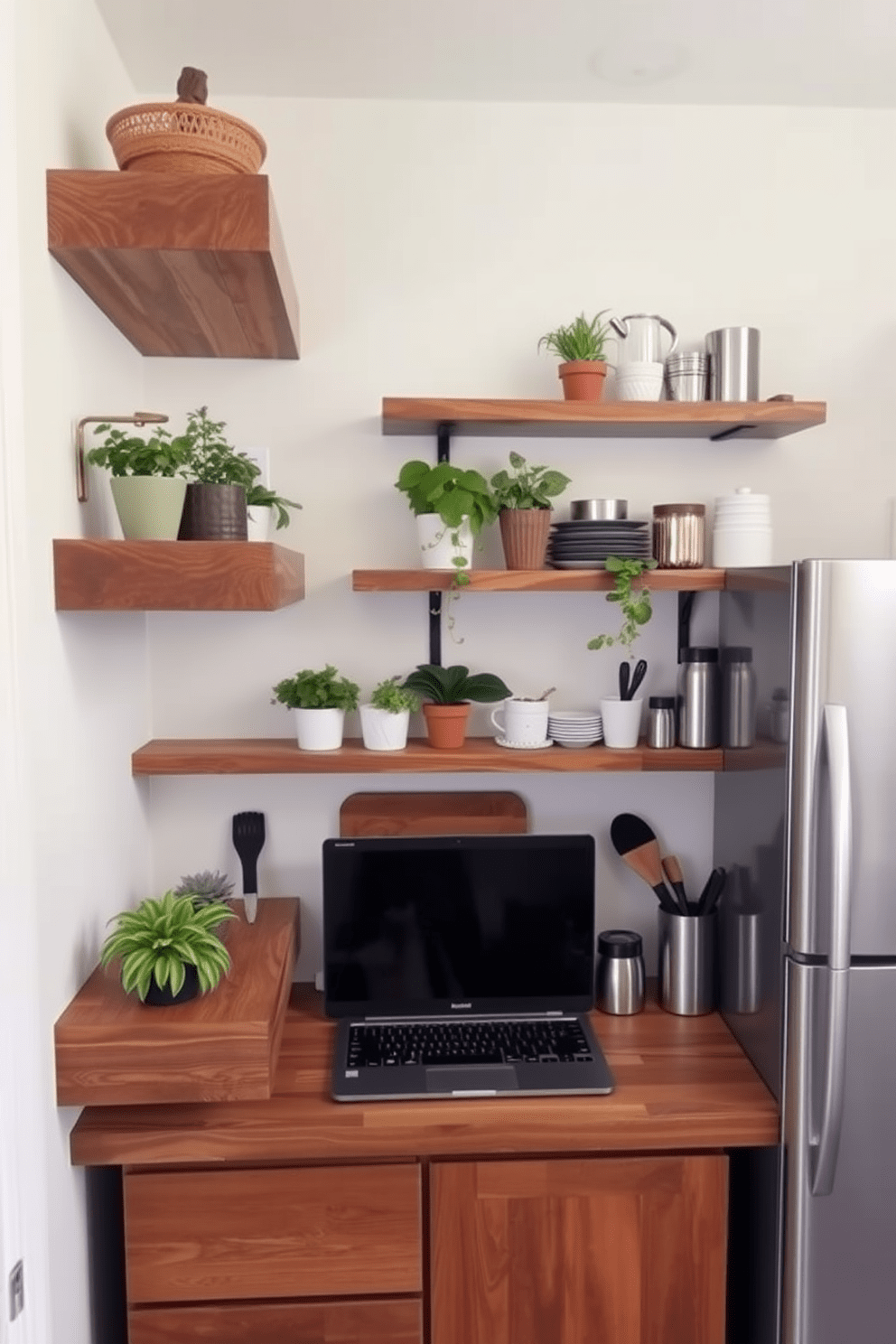 A cozy small office kitchen featuring floating shelves made of reclaimed wood. The shelves are adorned with potted herbs and stylish kitchenware, creating a functional yet inviting atmosphere.