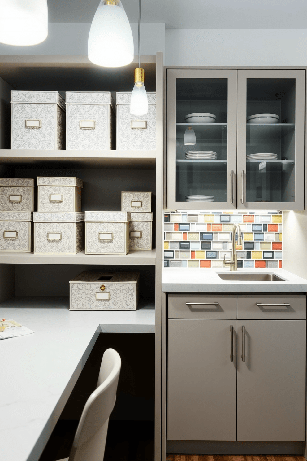 Decorative storage boxes are arranged neatly on a stylish shelf, enhancing organization while adding a touch of elegance. The boxes feature intricate patterns and soft colors, complementing the overall decor of the small office space. The small office kitchen design includes sleek cabinetry with a modern finish and a compact island for additional workspace. Bright pendant lights hang above the island, illuminating the area, while a backsplash of colorful tiles adds a playful pop to the design.