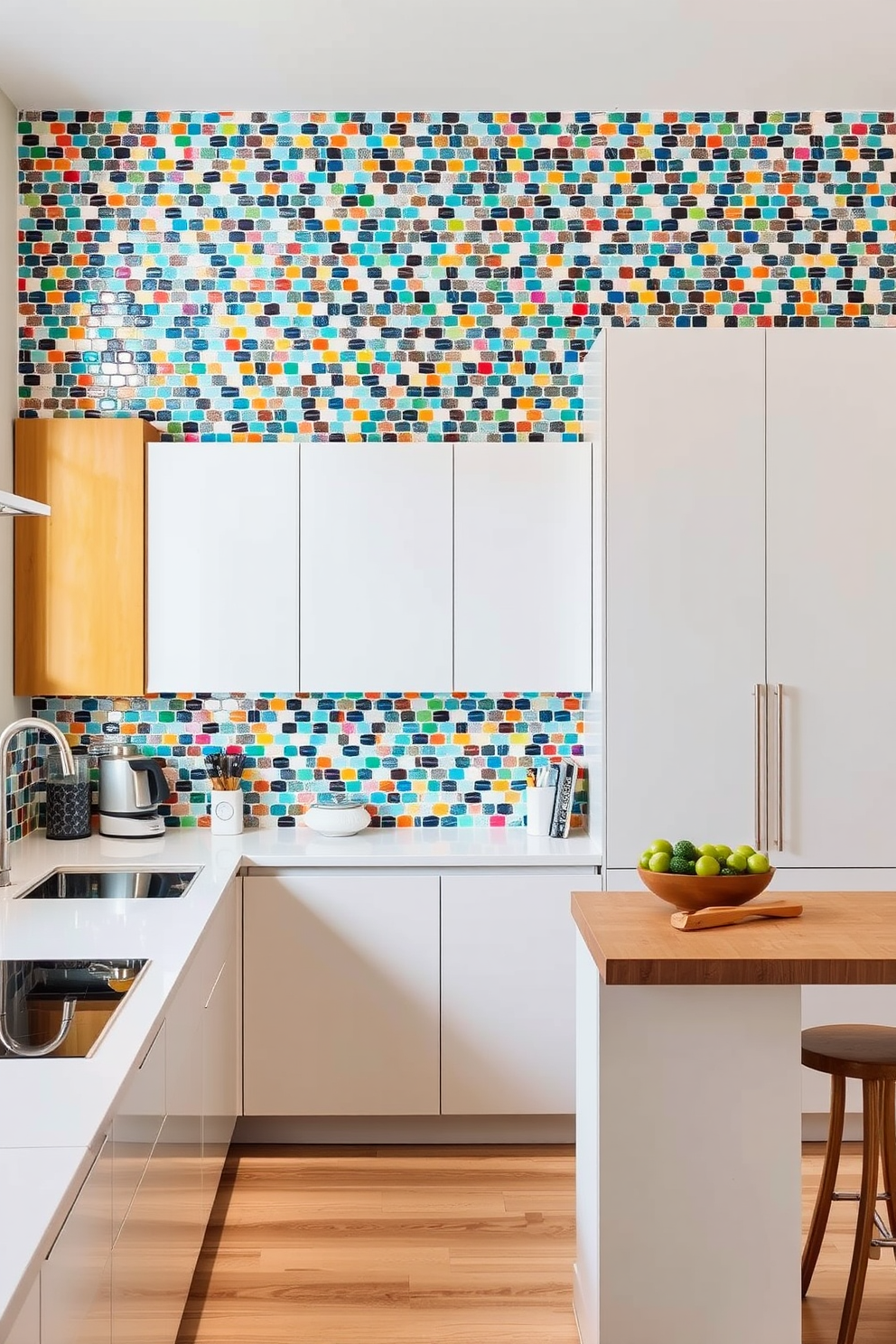 Creative backsplash to add personality. The backsplash features colorful mosaic tiles in various shapes and sizes, creating a vibrant focal point in the kitchen. Small office kitchen design ideas. The kitchen includes sleek cabinetry with a minimalist design, complemented by a compact island that serves as both a workspace and a dining area.