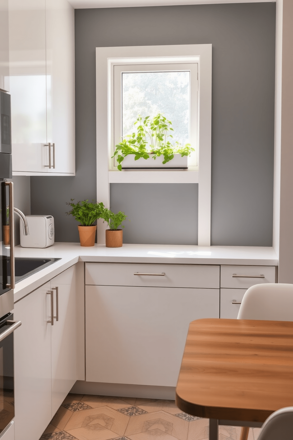 A small office kitchen design featuring a bright herb garden on the windowsill for a touch of freshness. The kitchen includes sleek cabinetry with a minimalist aesthetic, complemented by modern appliances and a cozy dining nook.