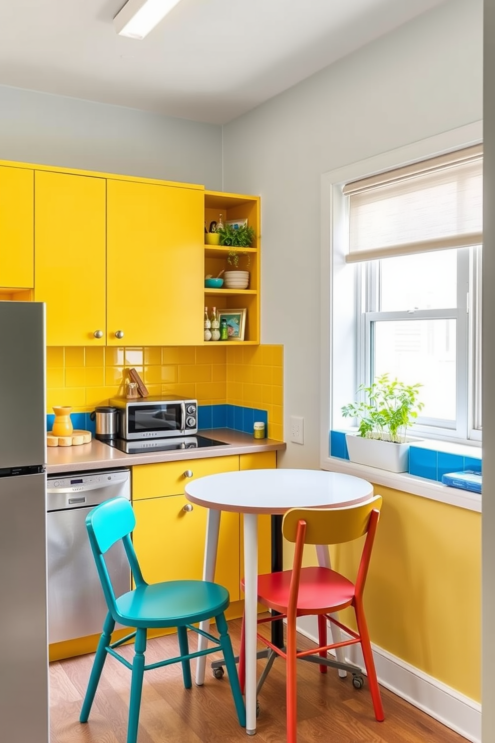 A small office kitchen featuring vibrant accents to create an inviting atmosphere. The cabinets are painted in a cheerful yellow, complemented by a bright blue backsplash that adds a pop of color. A compact dining table with colorful chairs sits in the corner, providing a cozy spot for breaks. A small herb garden on the windowsill adds greenery and freshness to the space.